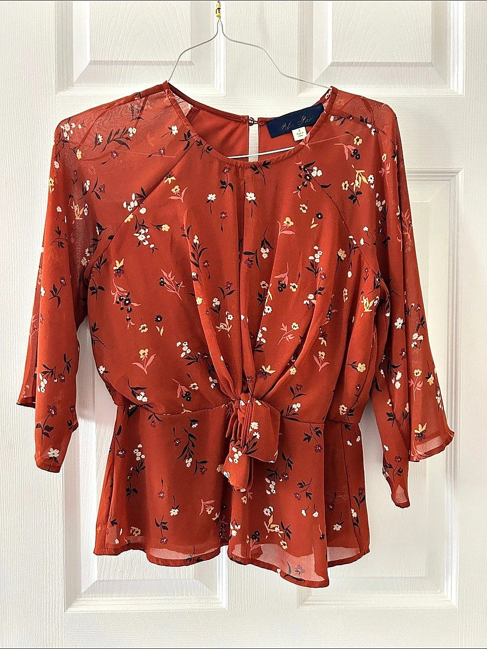 Blue Rain Floral Tie-Front Blouse Orange & Black Small Like New